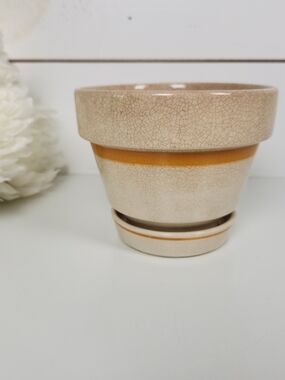 Vintage CDP Stained Crazed Planter with Yellow Stripe | Shabby Chic Shelf Decor